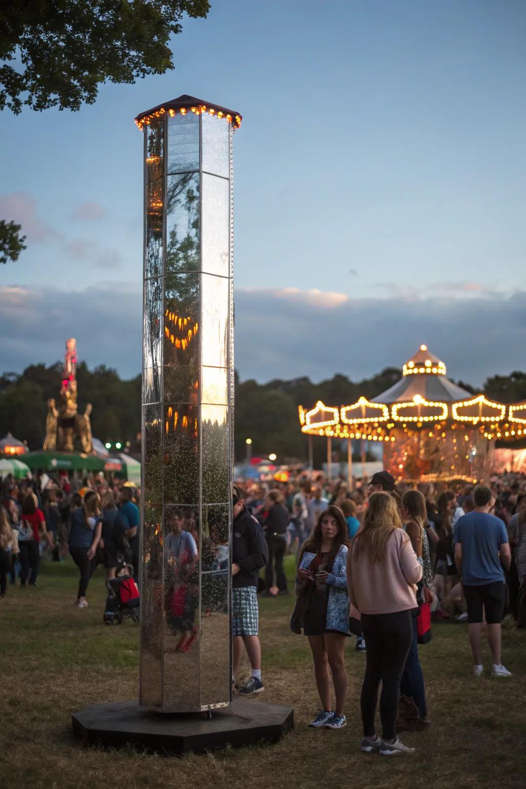 Totems with reflective surfaces add a magical and interactive part to festivals.