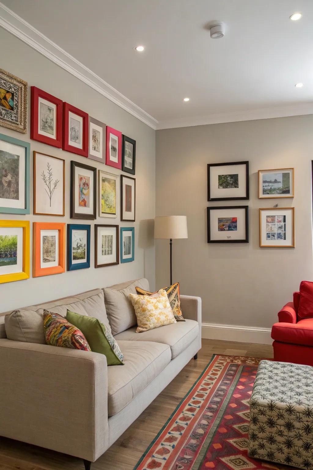 A color splash is achieved with bold frames against a neutral backdrop, adding vibrancy.
