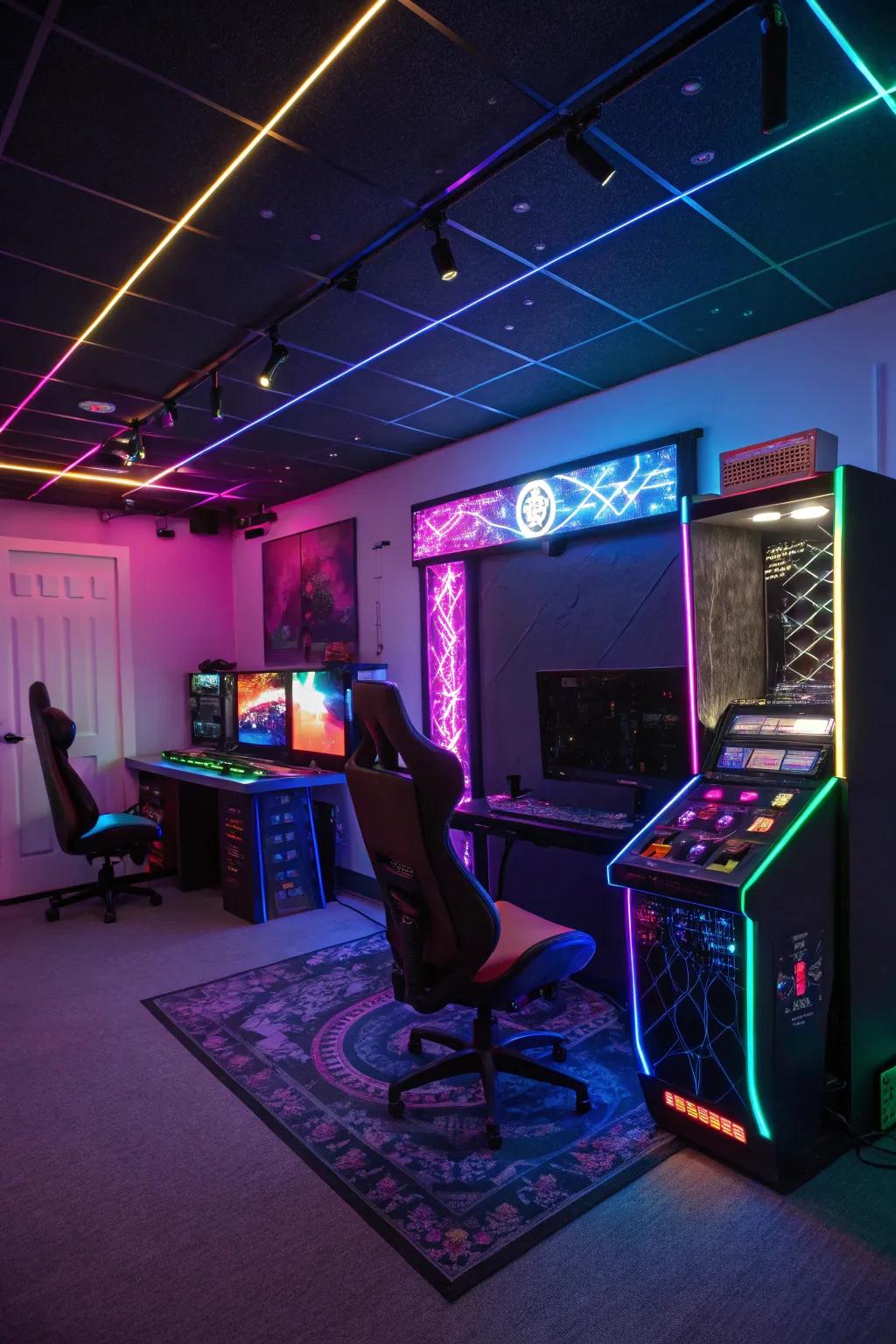 Luminescent features inject a whimsical touch into this gaming room.