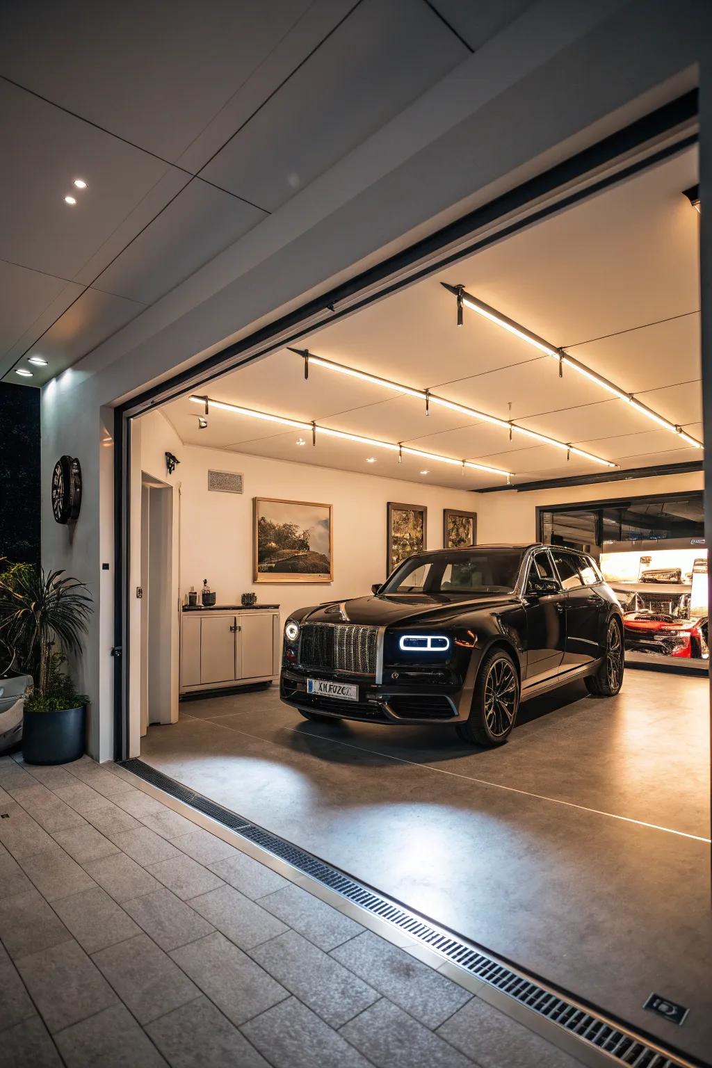 A garage created to display a luxury car collection.