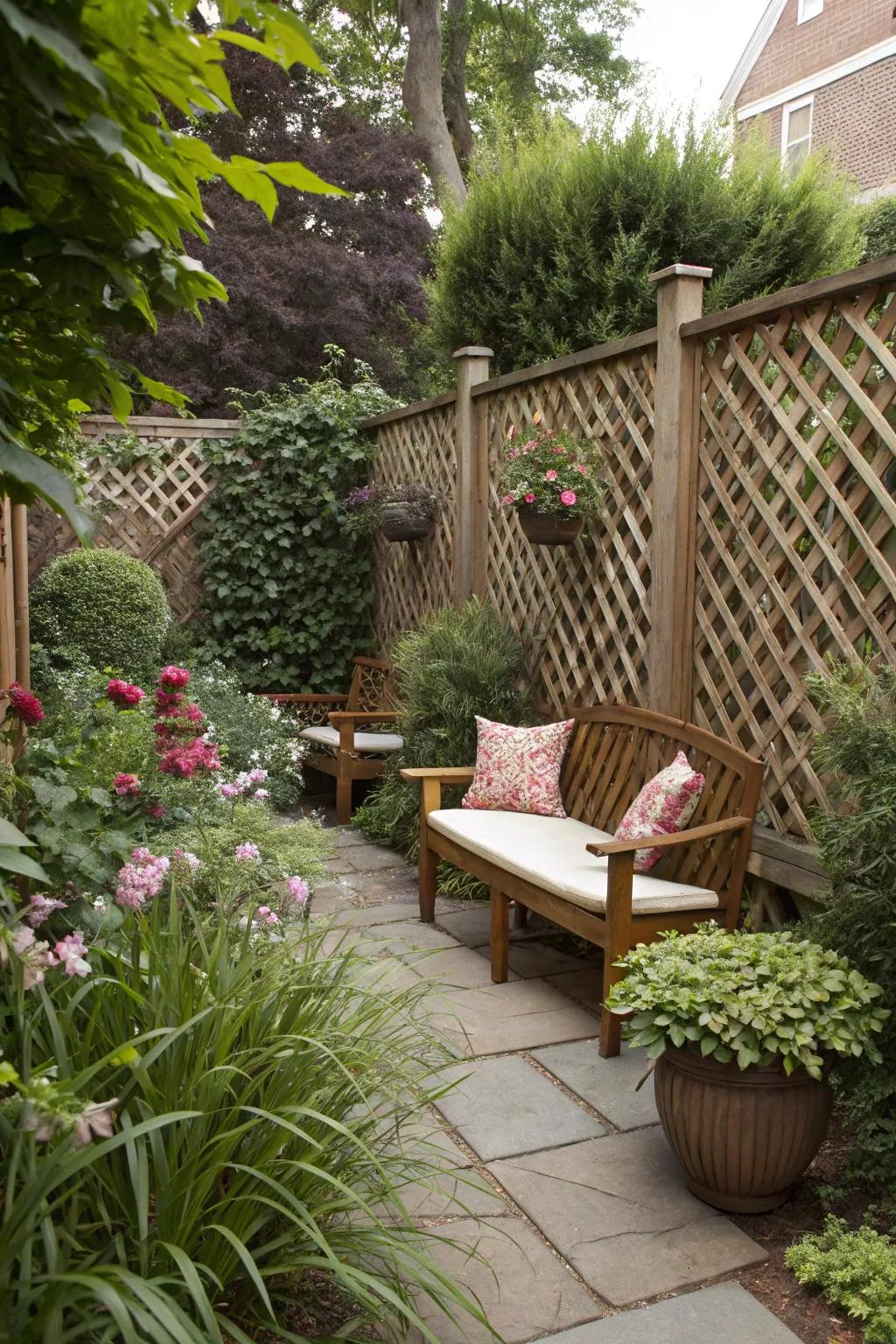 Dense interwoven screens establish private and inviting garden corners.