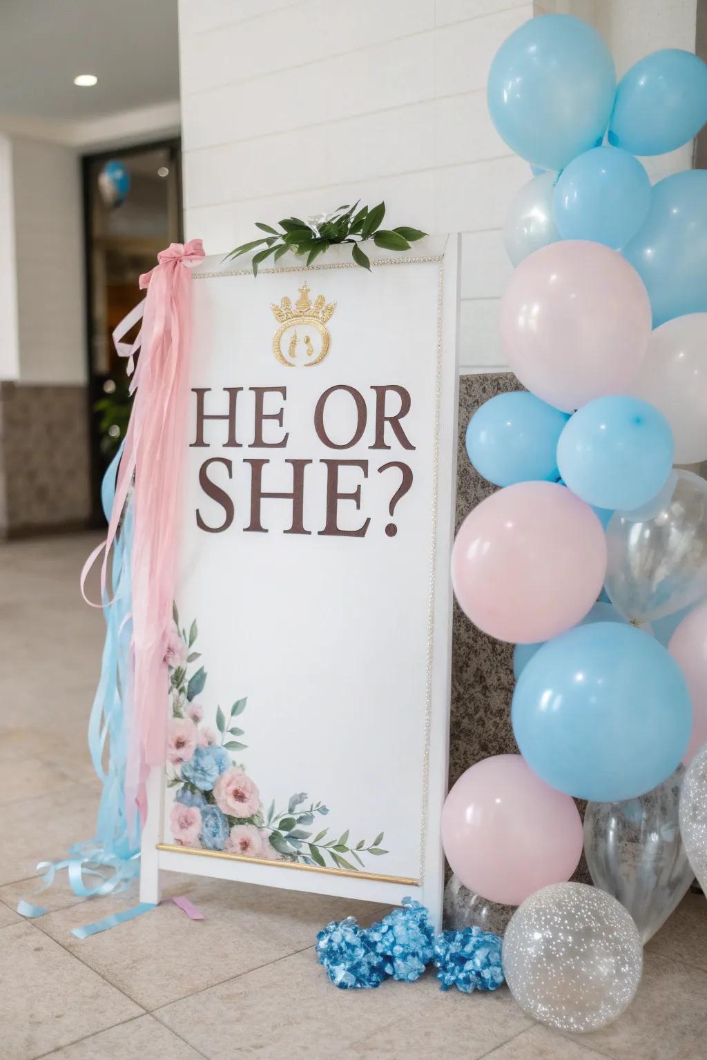 Chic signage incorporating refinement to the gender reveal concept.