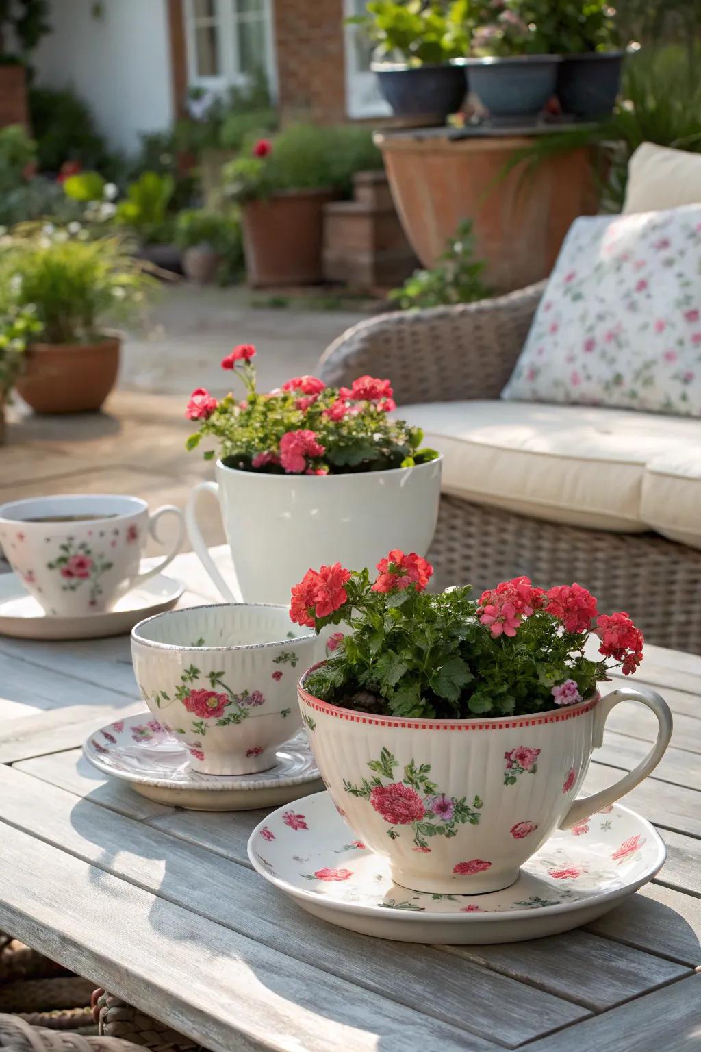 Charming miniature geraniums planted in oversized porcelain cups, infusing a sense of whimsy into a patio setting.