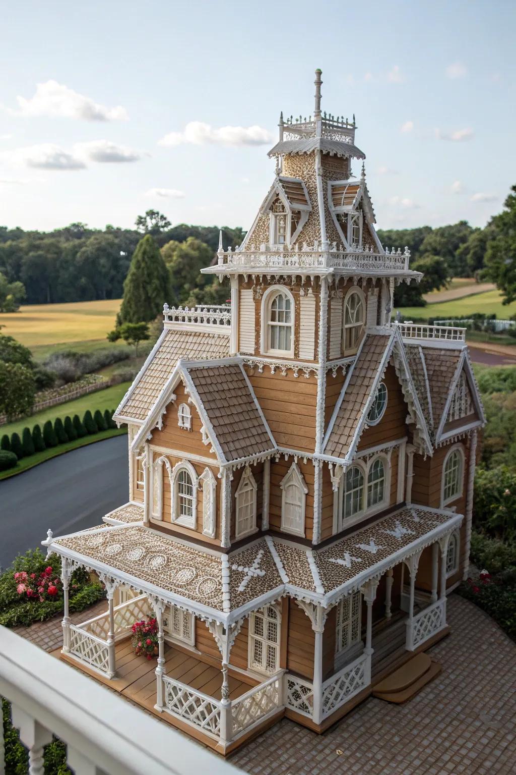 An exquisite gingerbread mansion harkening back to the Victorian era.