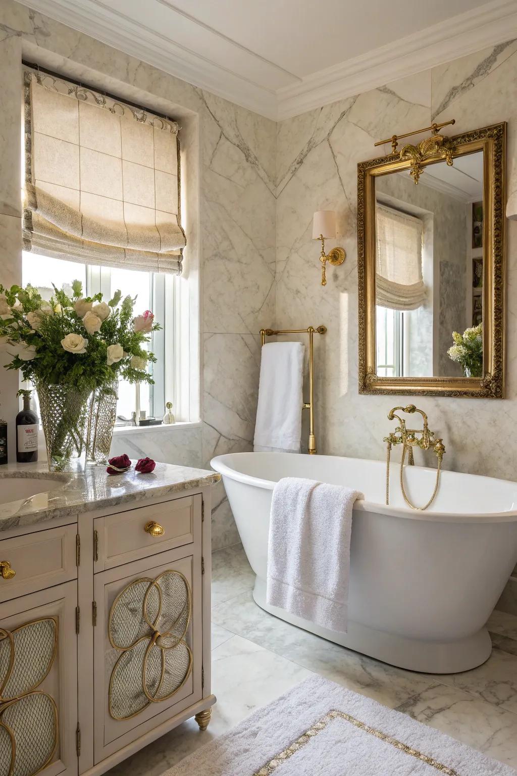 A luxurious bathroom showcasing a freestanding tub amidst elegant decor.