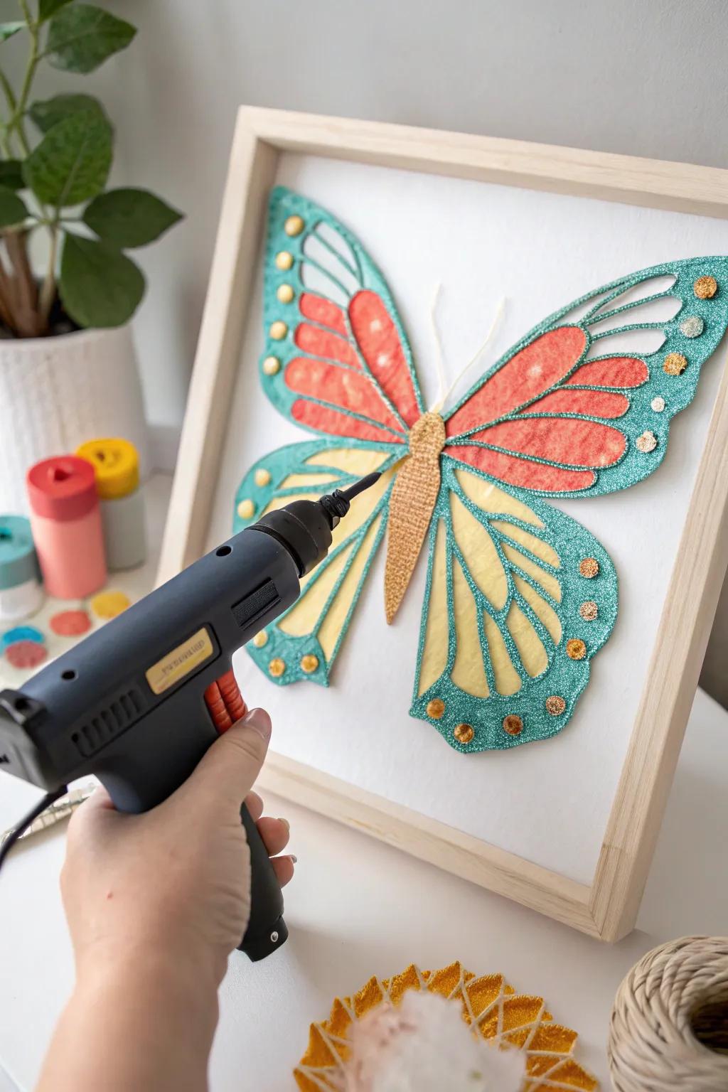 Capture the radiant elegance of nature with adhesive art, transforming simple materials into stunning lepidopteran wing details.