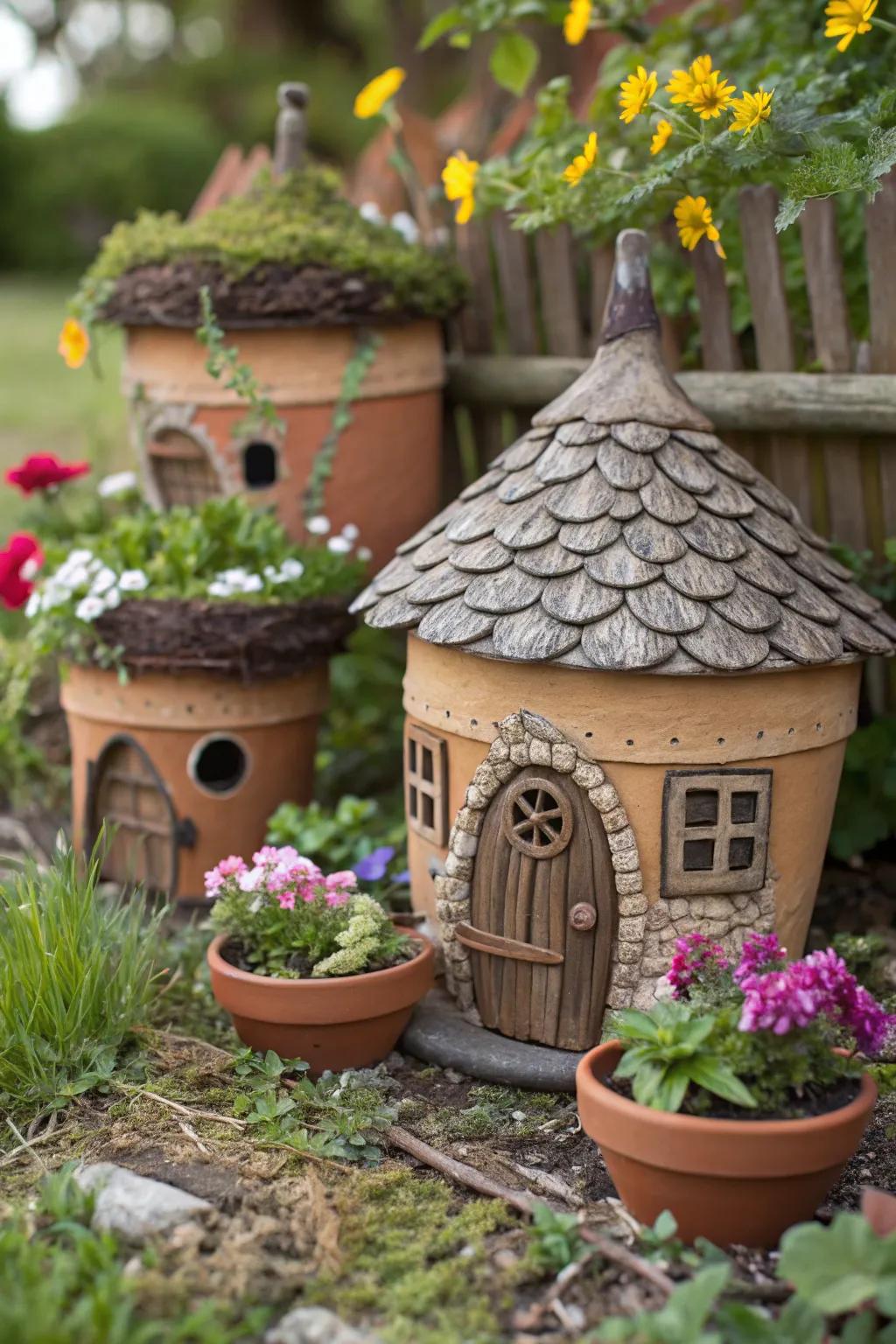 Enchanted plant pots transformed into charming gnome homes.