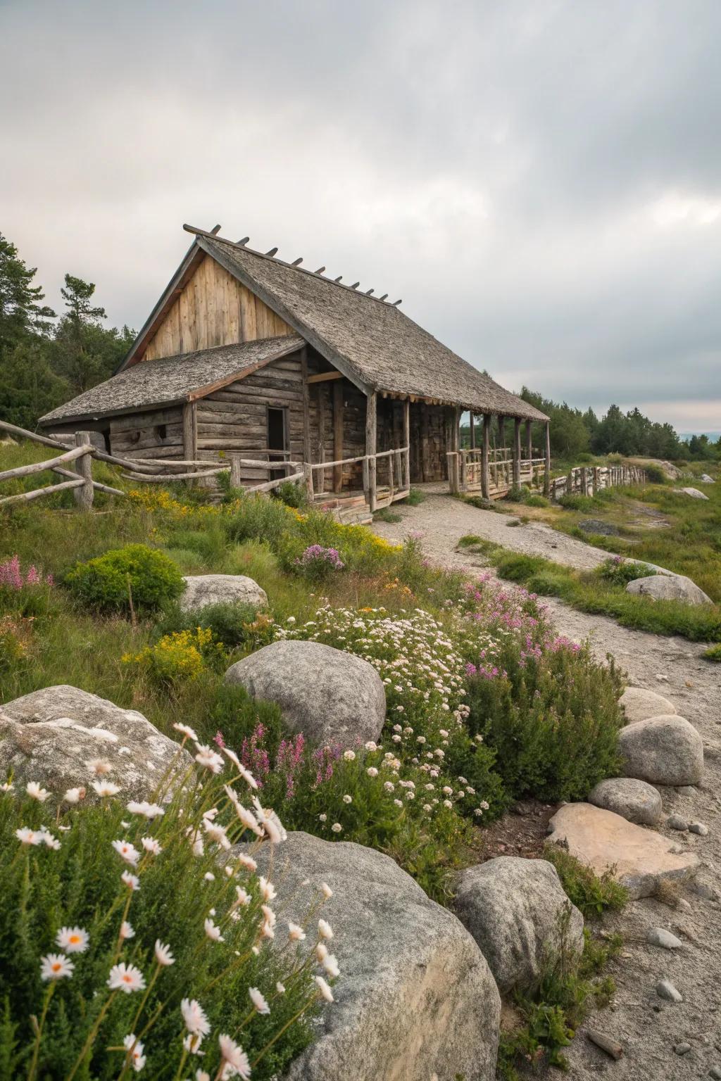 Thoughtful landscaping enhances this goat barn's appeal.