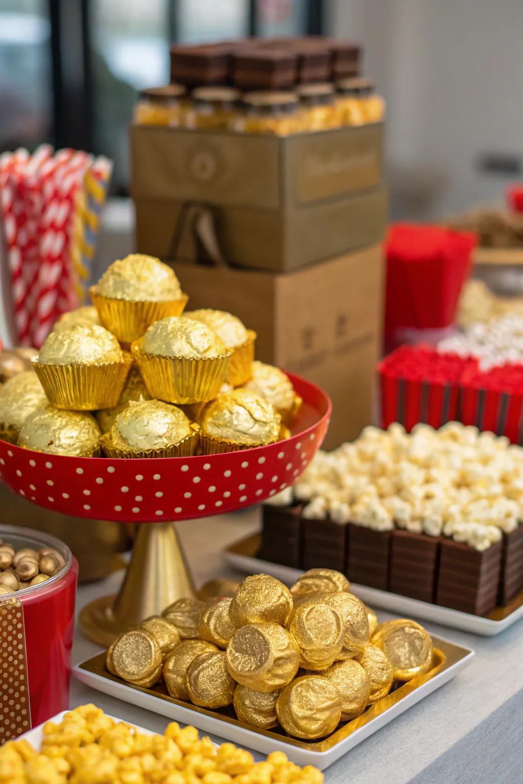 A lavish buffet filled with golden snacks for guests.