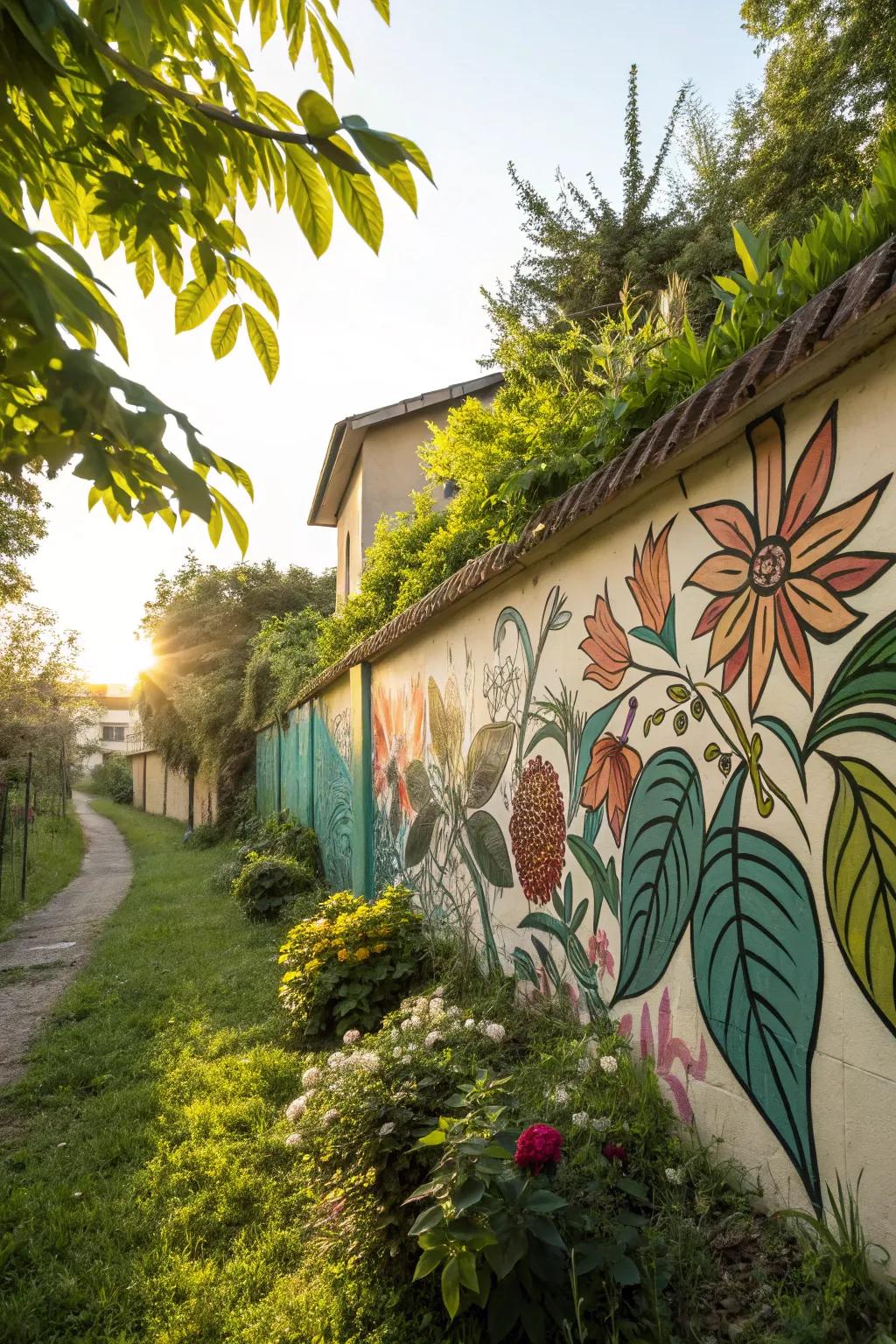 Nature elements in graffiti art enhancing a garden wall
