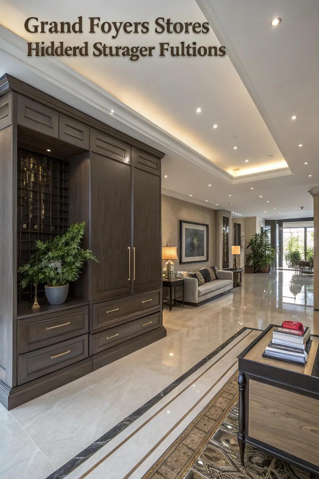 Concealed storage solutions ensure a grand foyer is kept neat and well-organized.