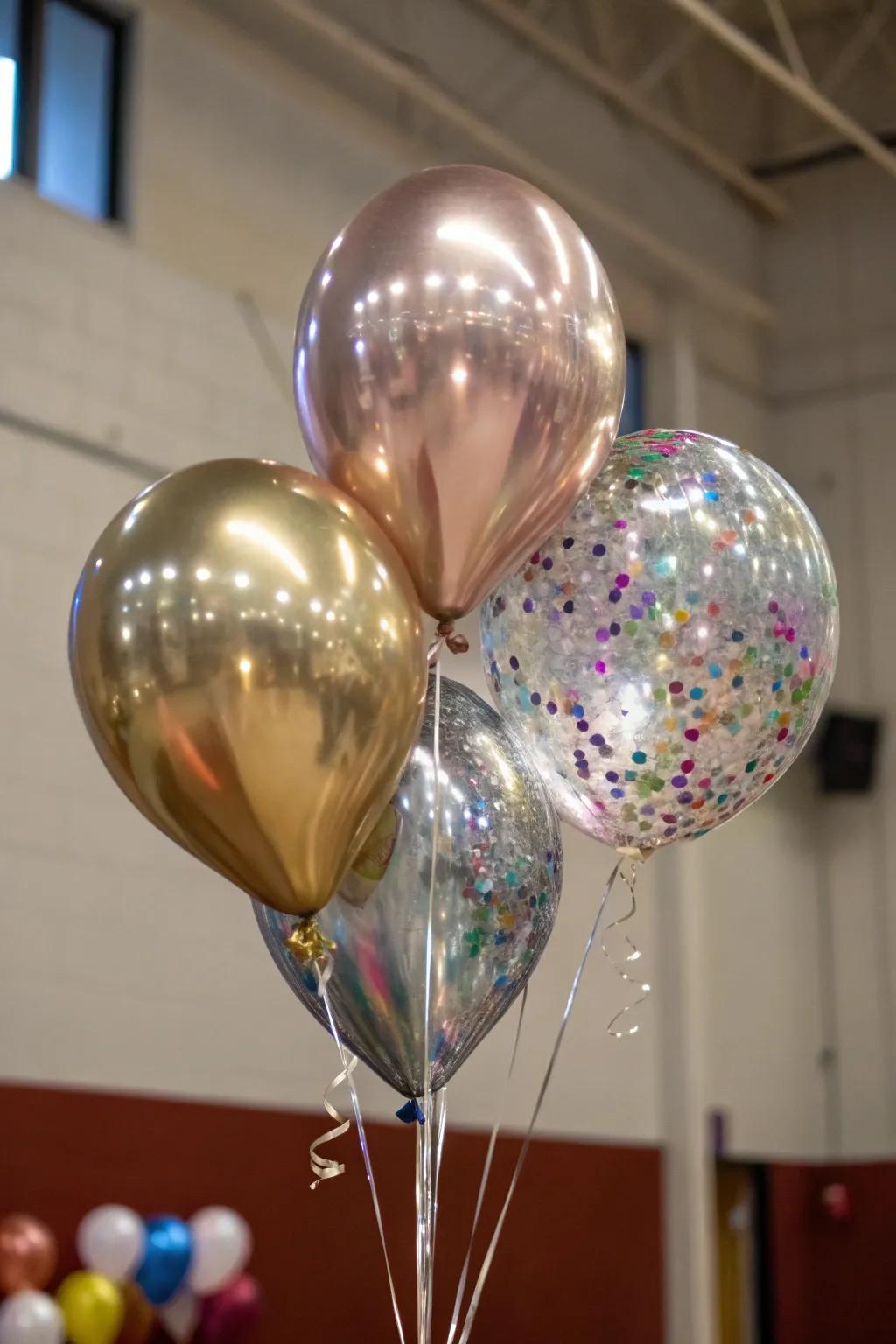 Metallic balloons append a shimmering sophistication to the decor.