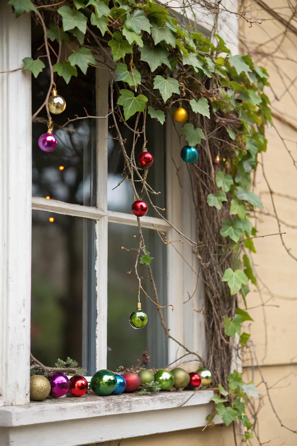 A playful window display with a playful grapevine swag.