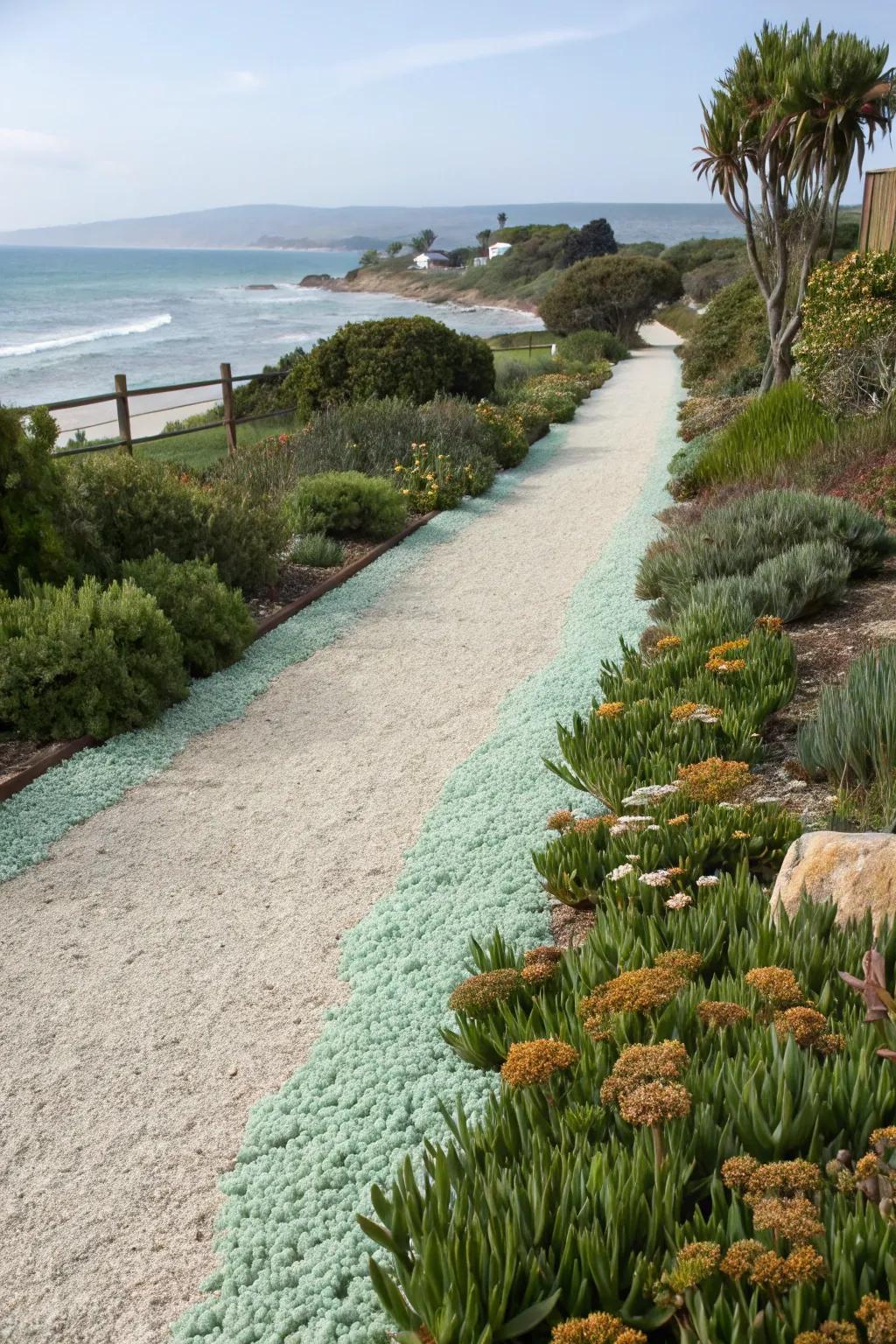 Ocean-tinted gravel crafts a coastal vibe for this charming pathway.