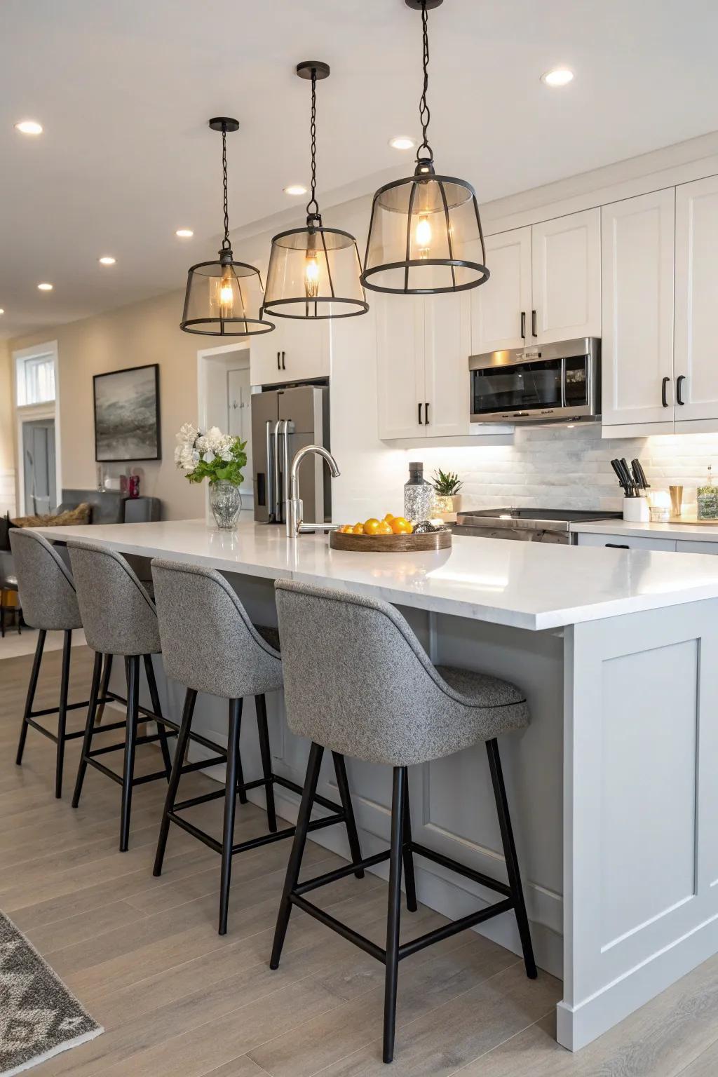 Modern bar stools complete the kitchen's aesthetic.