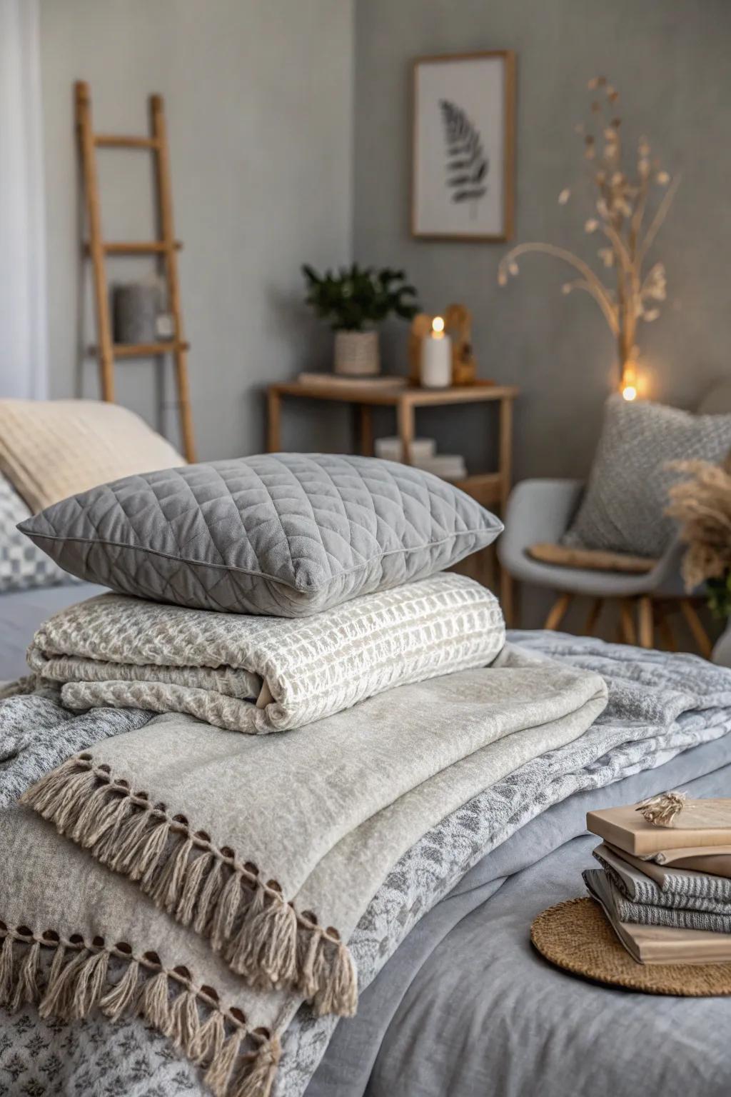 Textured fabrics elevate comfort and design within the gray bedroom setting.