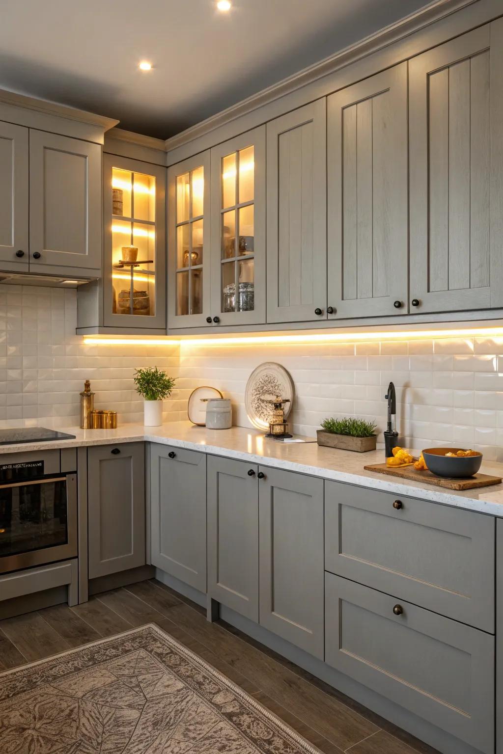Understated gray cabinets emanate refined elegance in this kitchen.