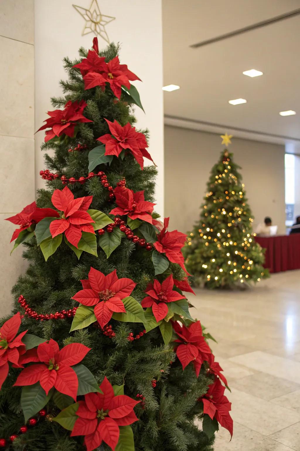 A festive Christmas tree adorned with red and green poinsettias.