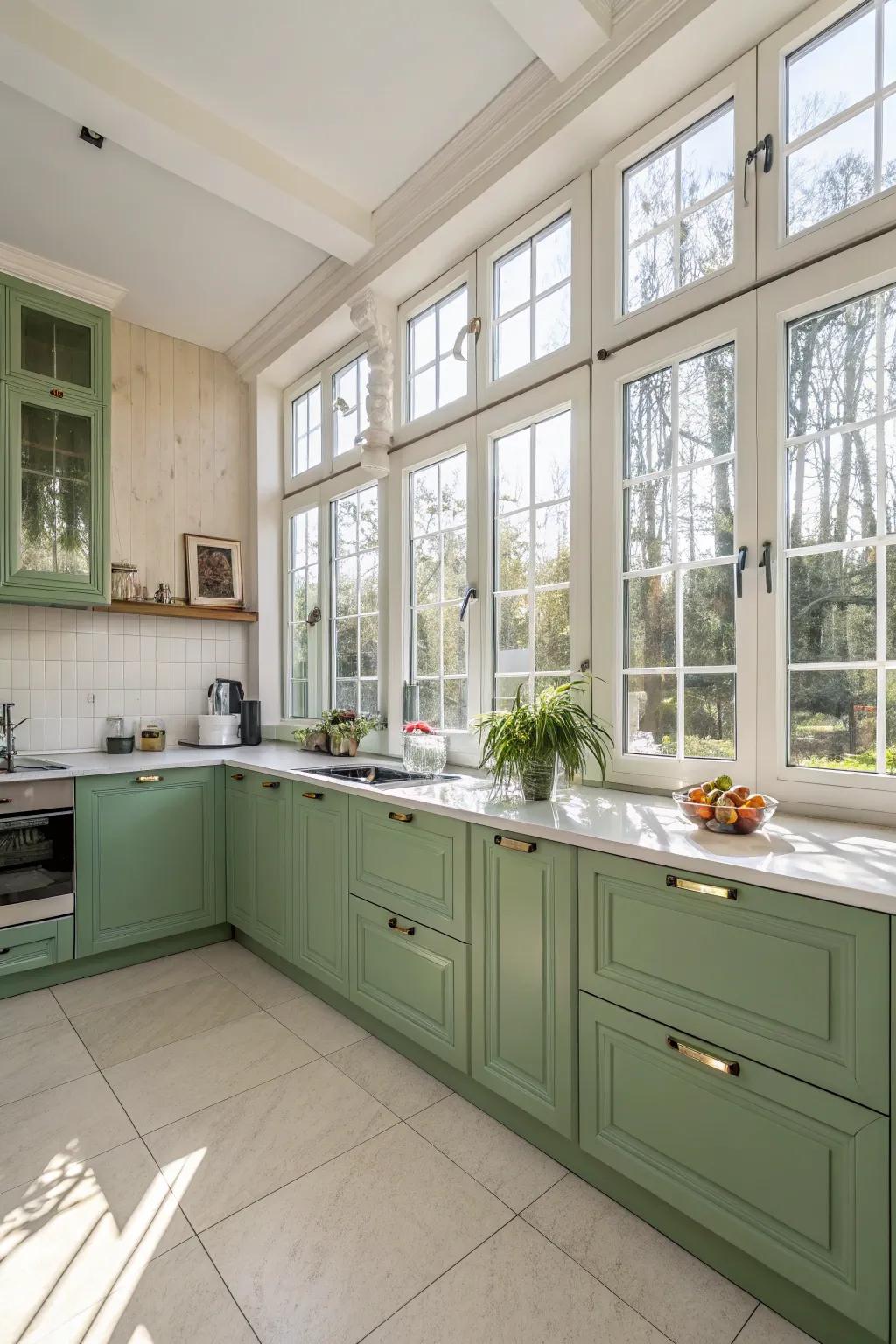 All-natural light improves the appeal of green cooking area cabinetry.