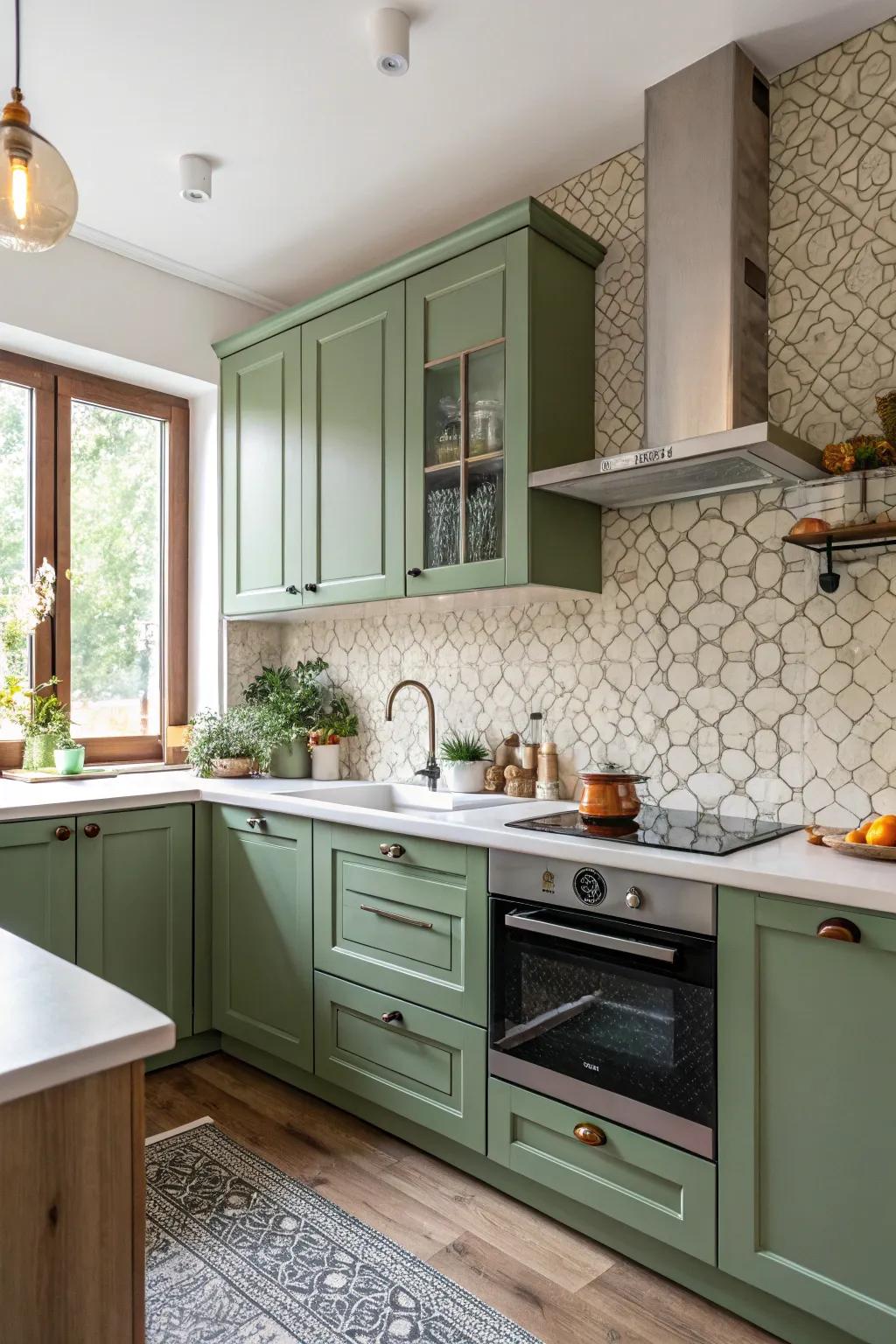 Inlaid tiles lending depth and nuance to a green kitchen.