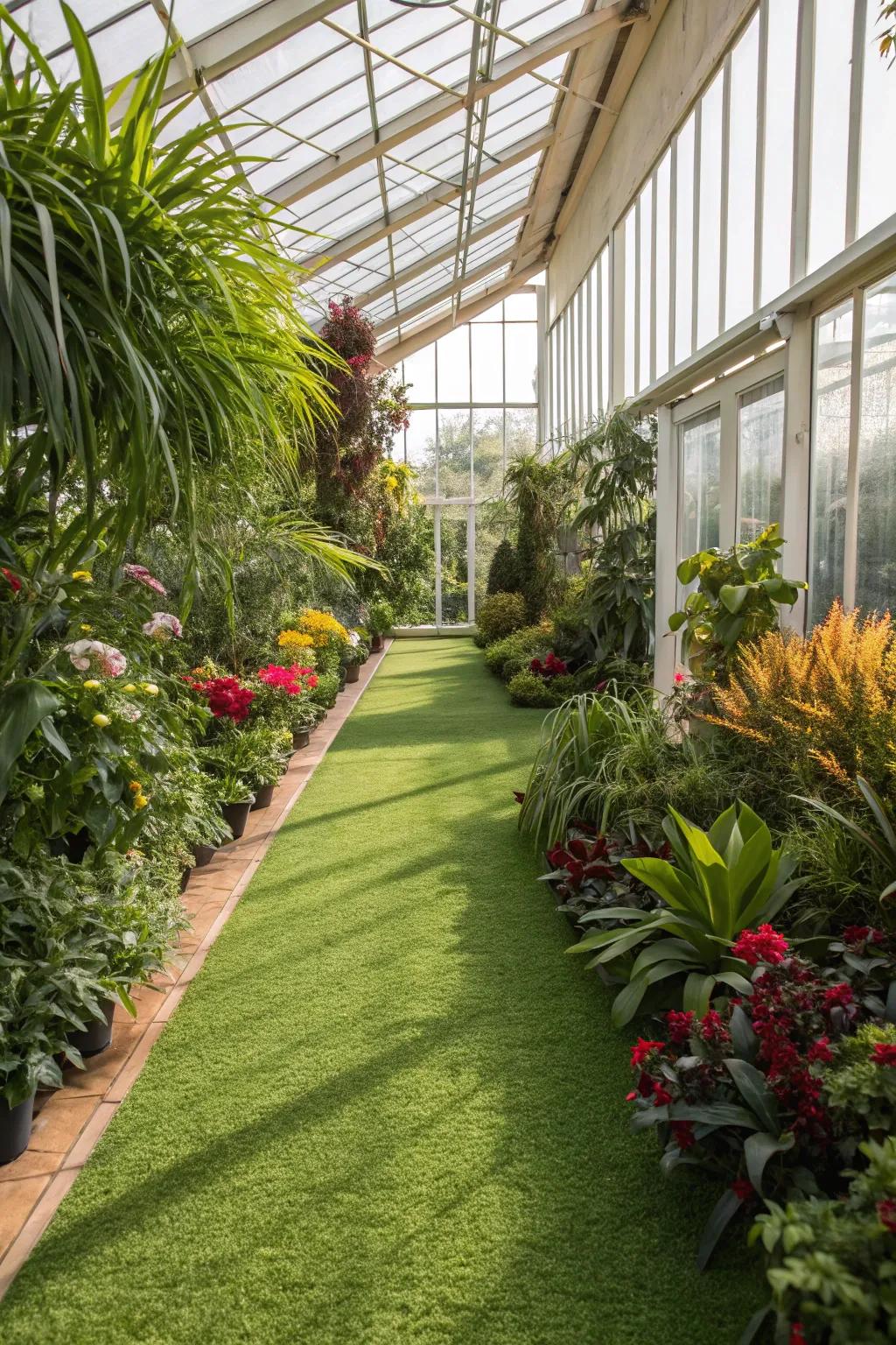 Turf carpeting establishes a garden-like sensation with minimal attention.