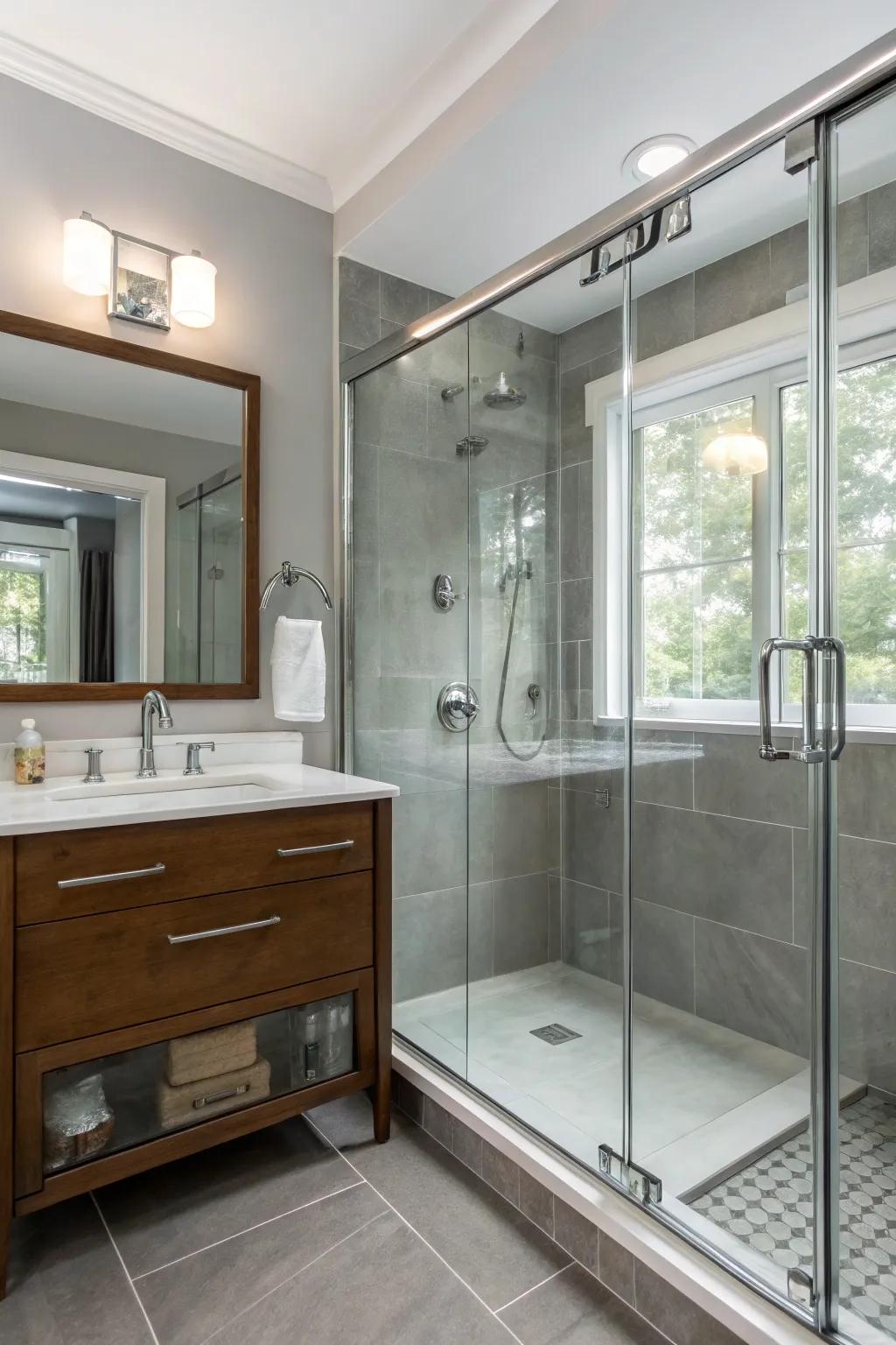 Iron grey walls and chrome fixtures cultivate a streamlined, contemporary bathroom.
