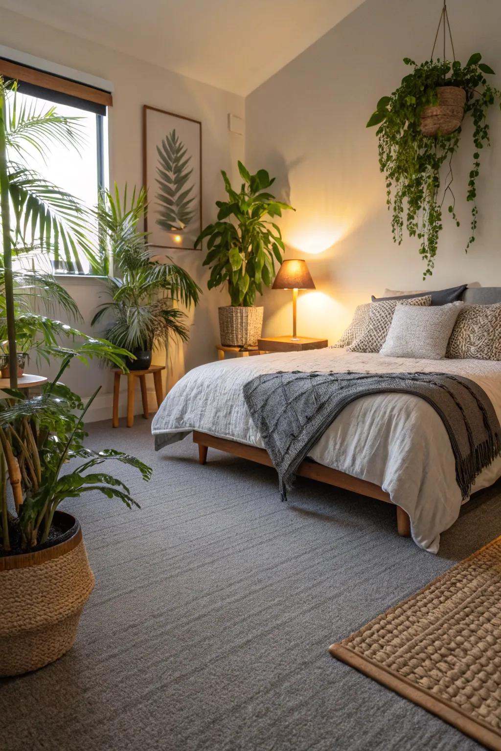Plants add a refreshing element to this bedroom fitted with grey carpet.