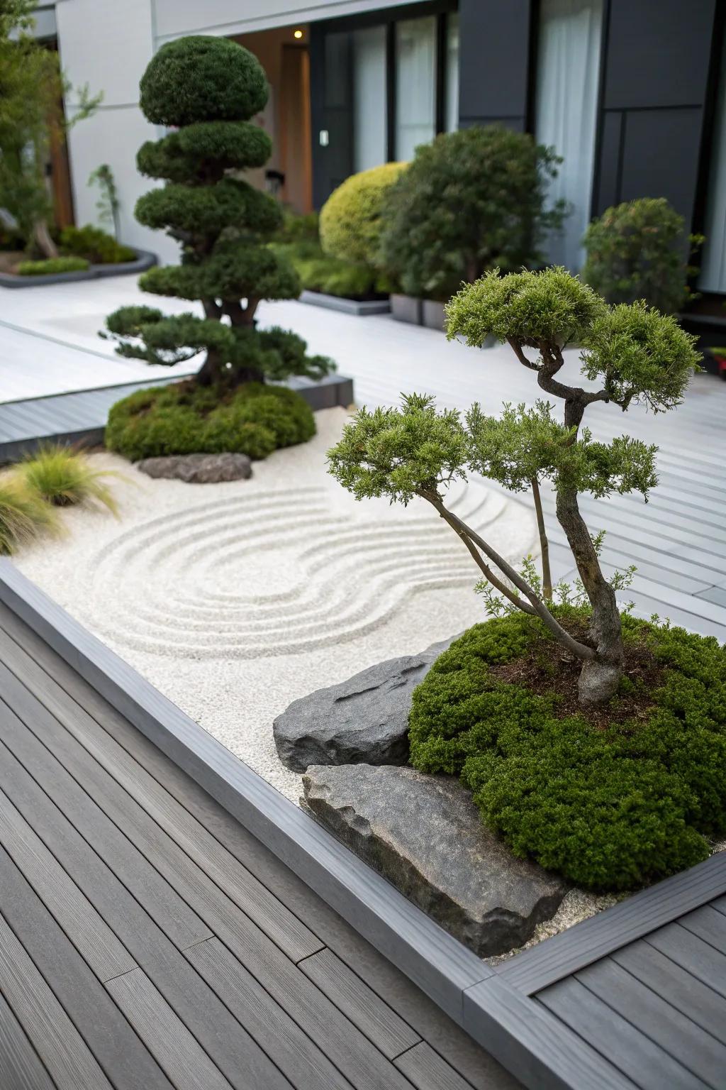 Tranquil Zen garden setup on a grey deck.
