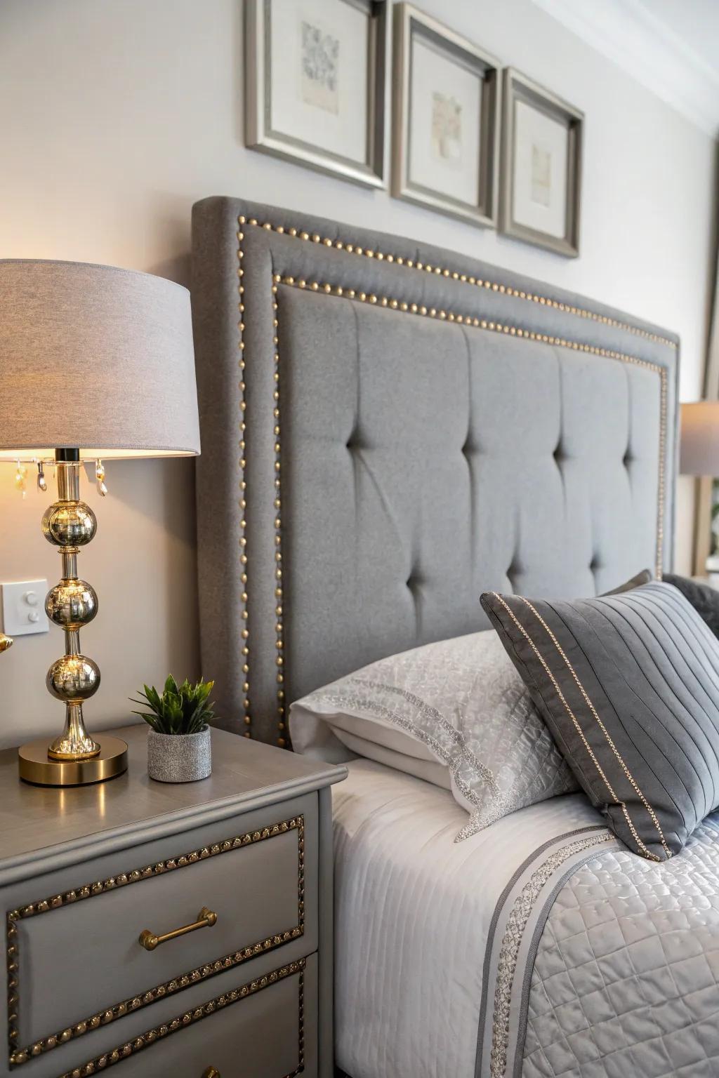 Elegant metallic accents enhance the cool tones of a grey headboard.