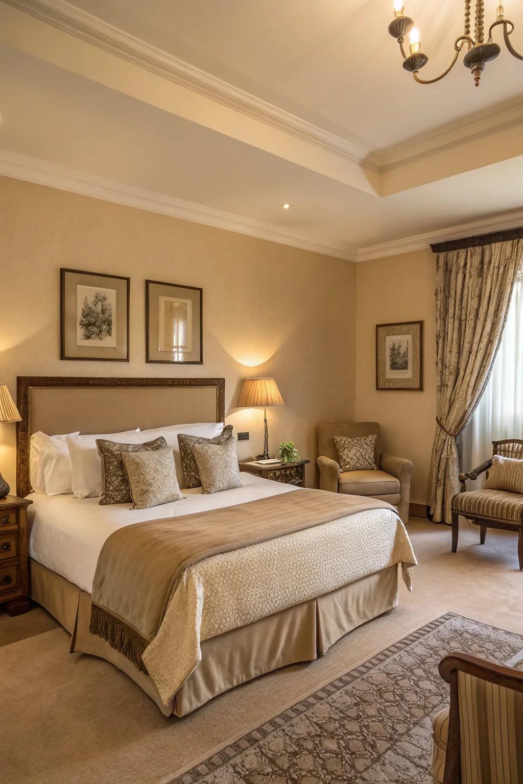 A versatile guest room featuring comforting cream for a balanced look.