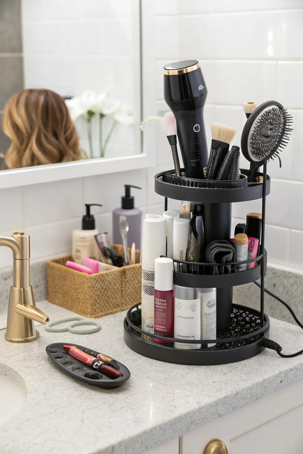 Effective revolving tower facilitates quick reach to styling essentials.