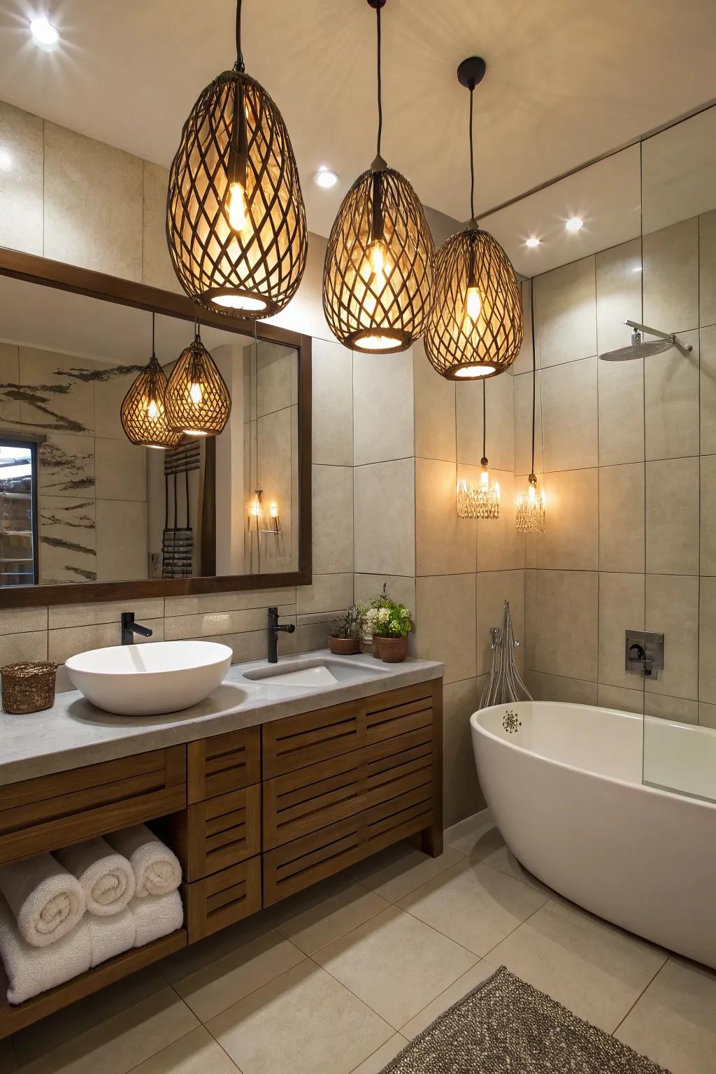 Unique lighting fixtures enhance warmth and style.