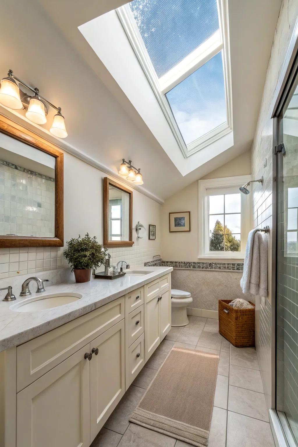 A solar aperture enlivens a hall bathroom through natural irradiation, amplifying its spaciousness.