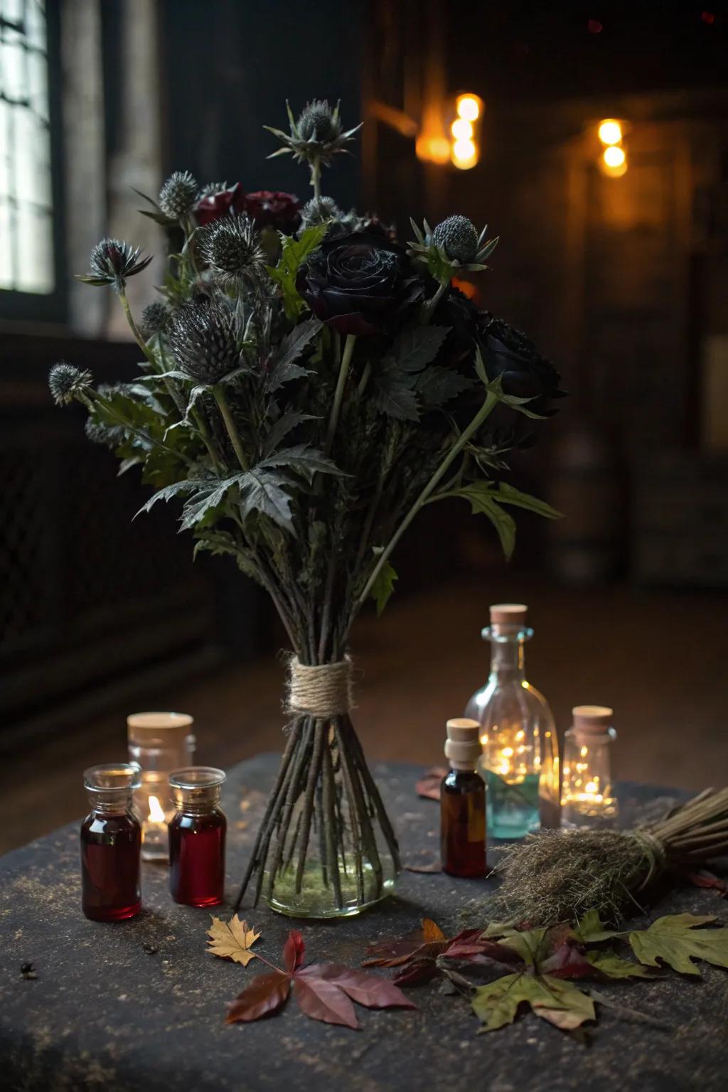 Noxious plants and receptacles craft a chilling centerpiece for Halloween.