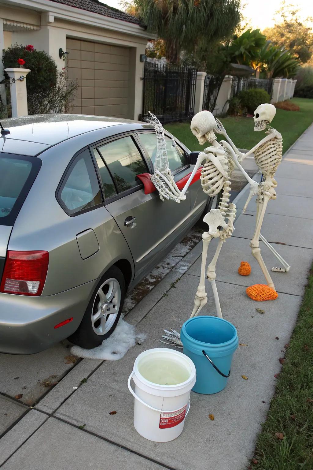 Automobile ablution skeletal figures convey laughter and astonishment to your Halloween configuration.