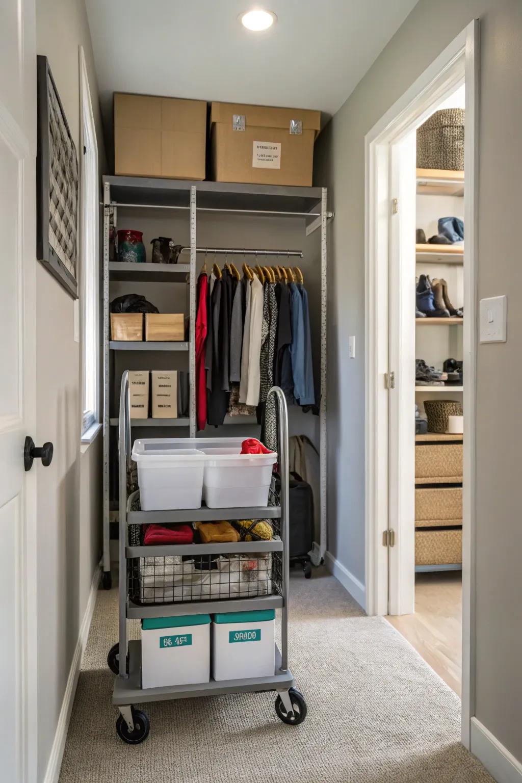 A rolling cart within a hallway closet that provides adaptable and easy storage.