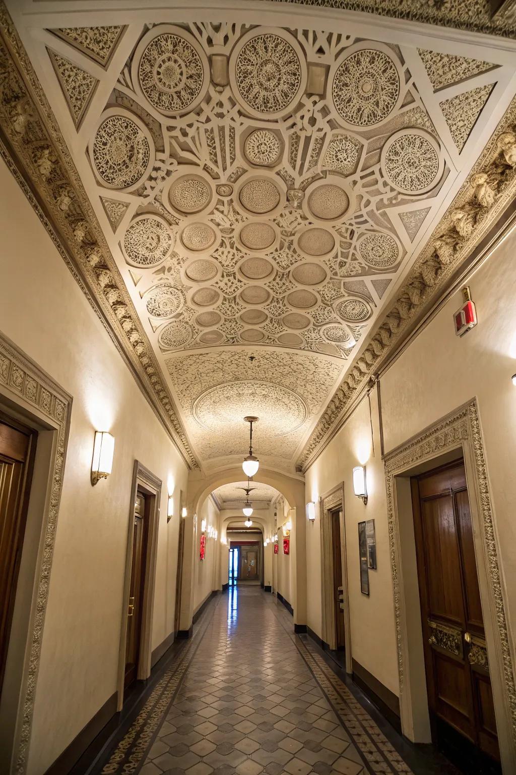 A decorative ceiling adds a unique accent to your hallway.