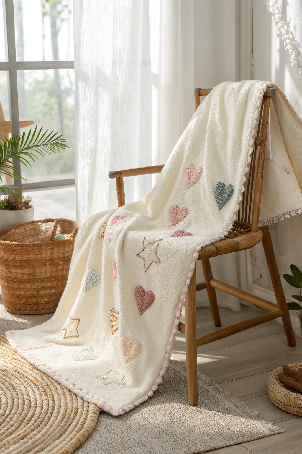 Add a touch of whimsy to your nursery with charming appliqué accents on a handcrafted baby blanket.