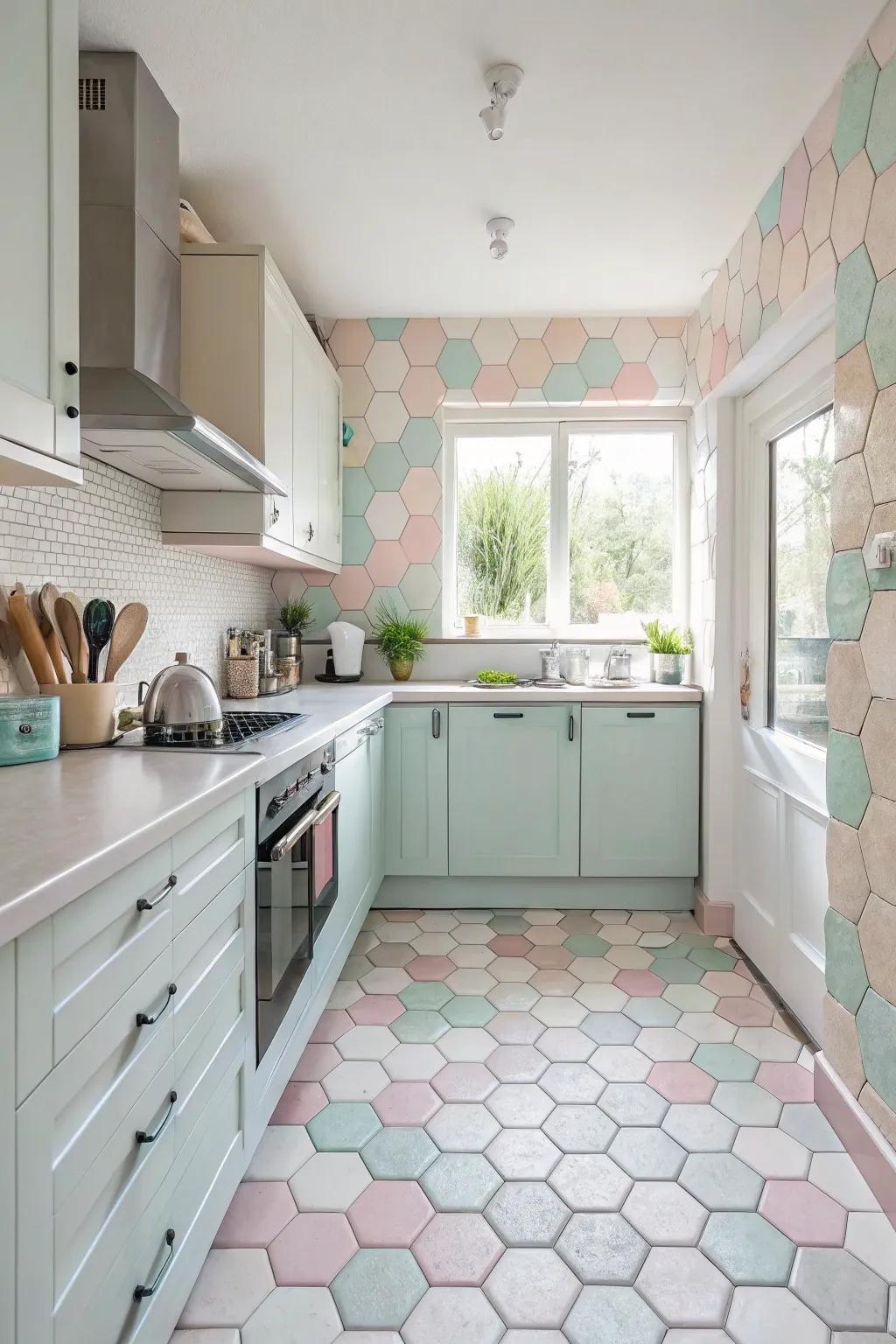 Geometric patterns in pastel shades fill your kitchen with gentle elegance.