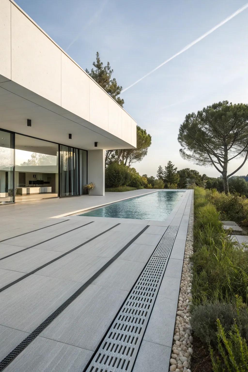 Minimalist drains highlight uncluttered lines and simplicity.