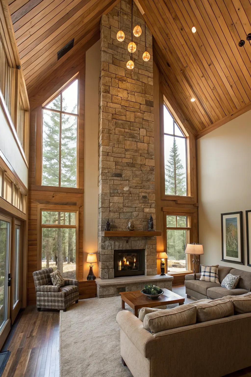 Vertical cladding underscores both height and warmth.