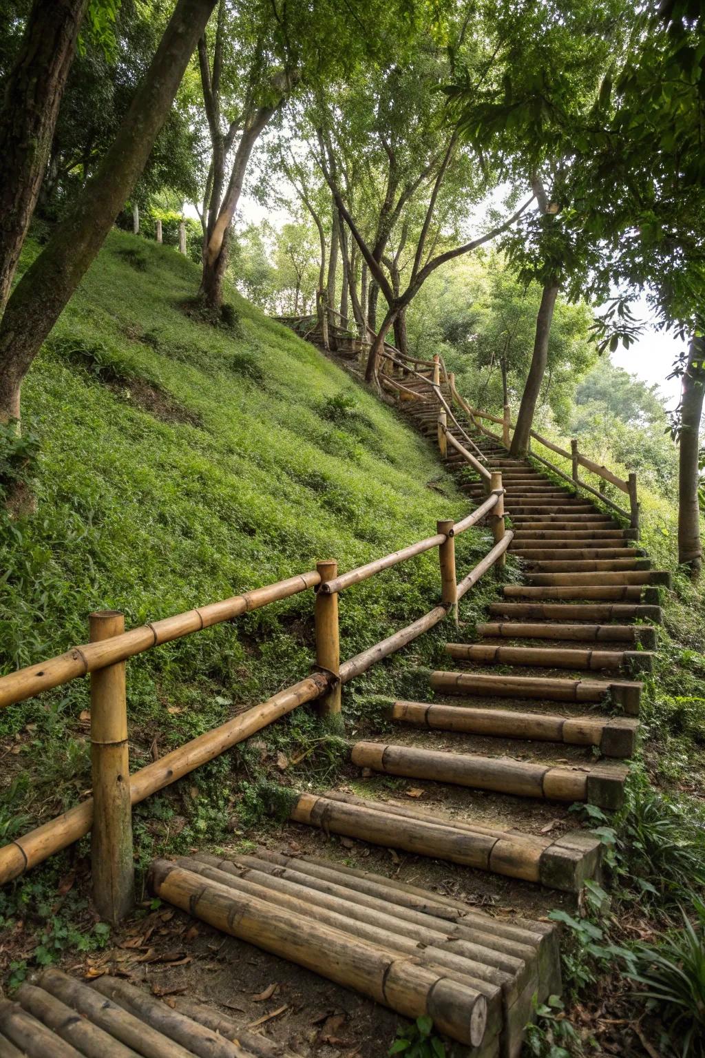Bamboo and wood establish a zen-inspired stairway.