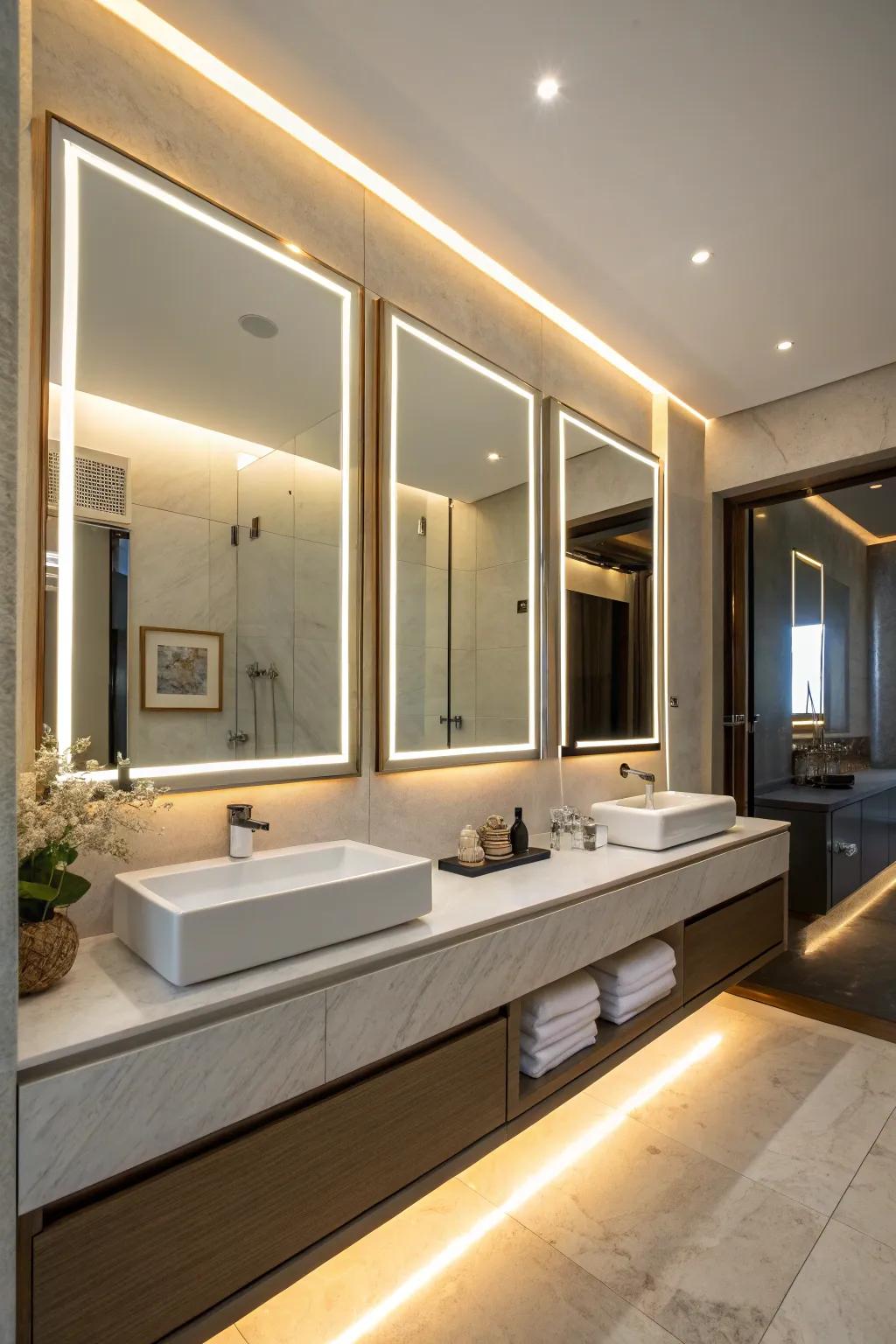 Mirrors with built-in lights giving a contemporary and energy-saving option.