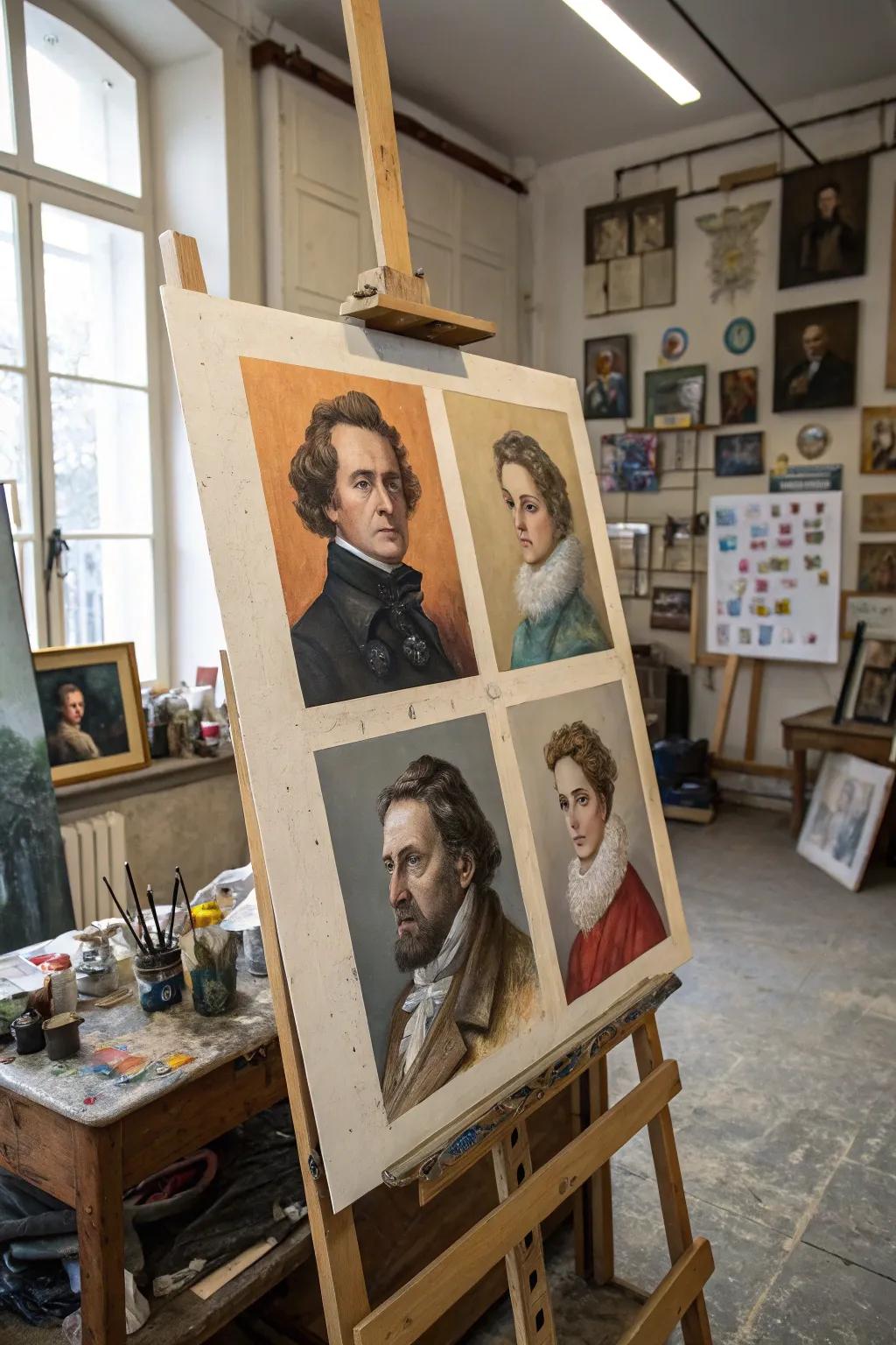 Artistic renderings that combine history with imagination in an artist’s studio.