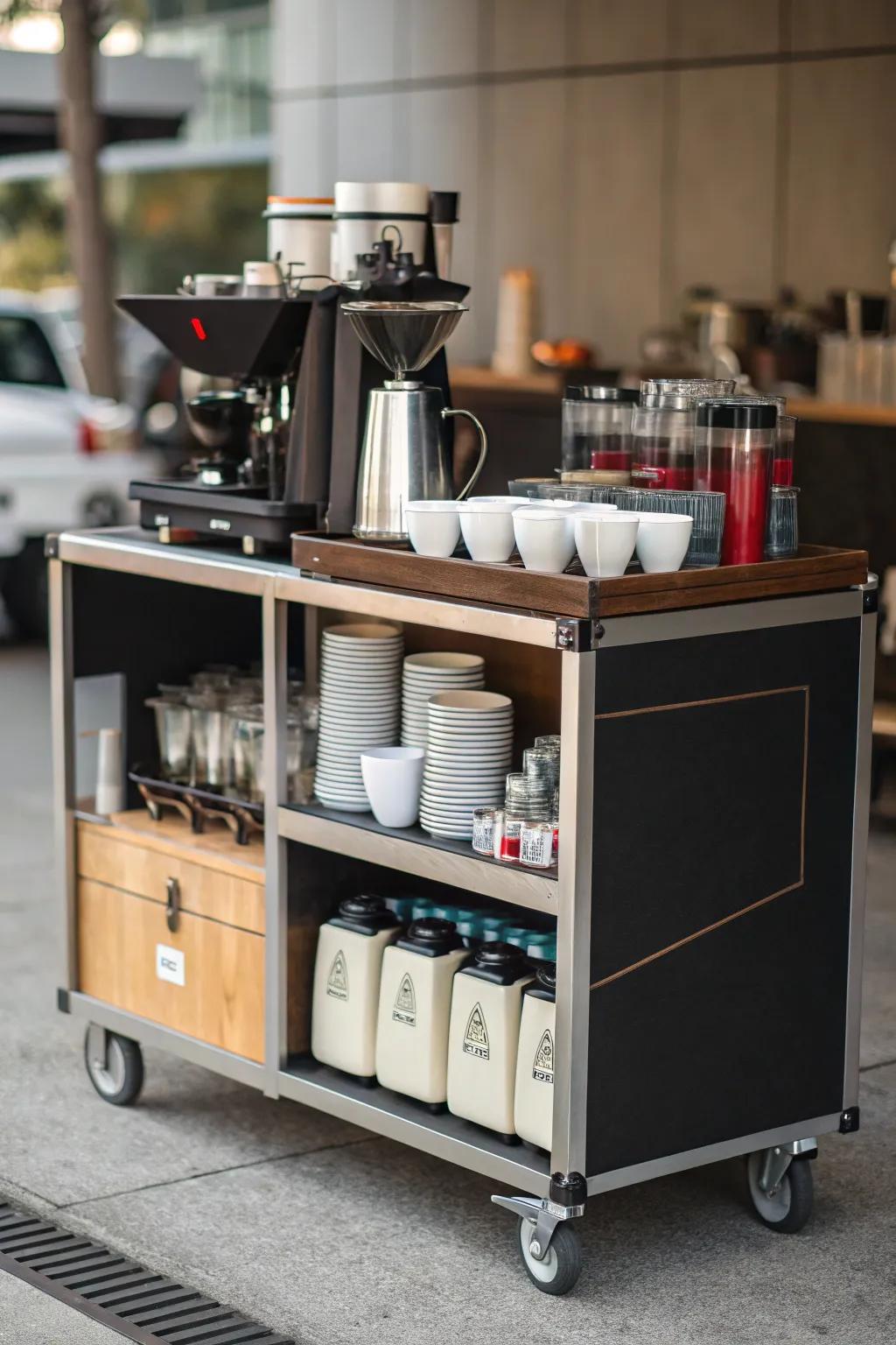 A mobile coffee trolley provides ease and flexibility in restricted spaces.