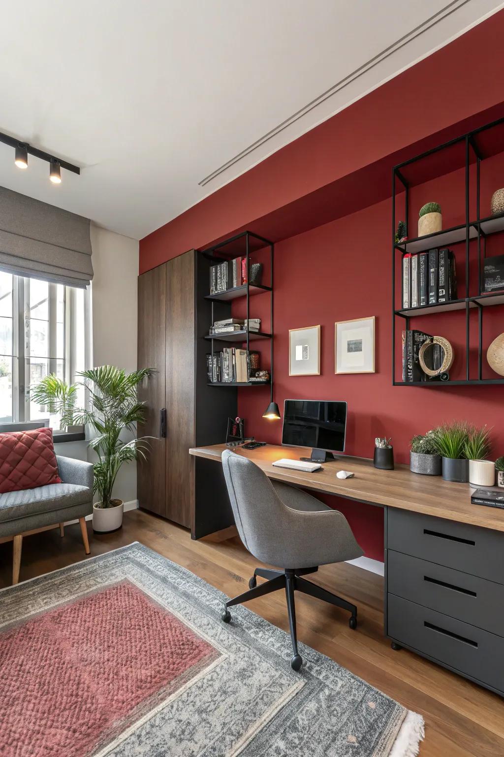 Crimson partitions energize and invigorate this dynamic personal office.