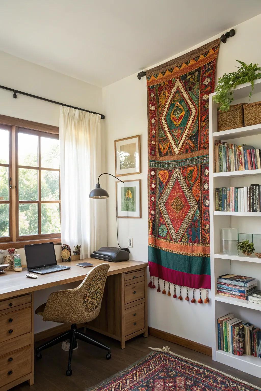Fabric hangings enliven wall designs.