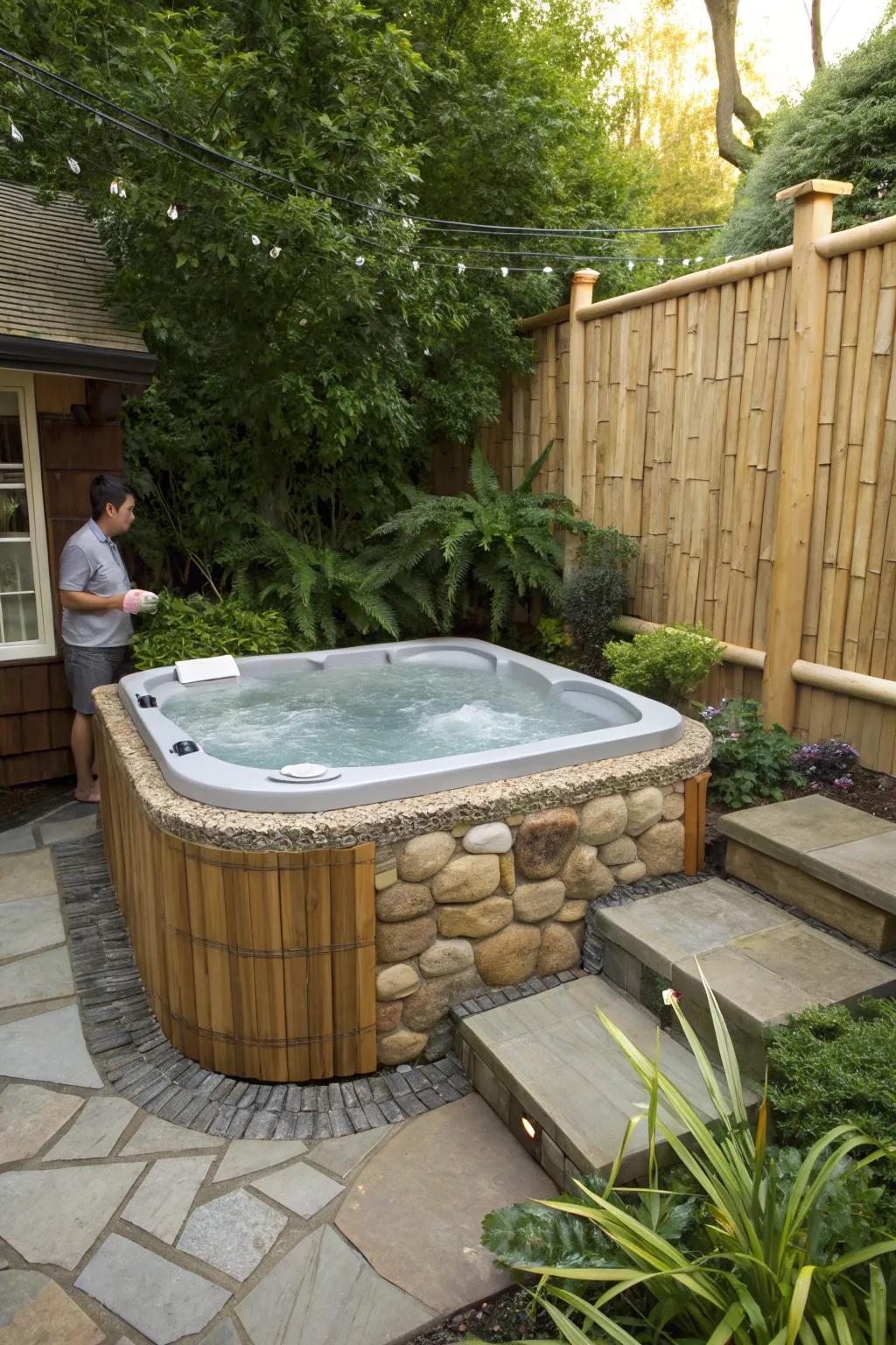 Distinctive resources like stone and bamboo fashion a particular <strong><em>hot tub</em></strong> aesthetic.” loading=”lazy” class=”pimg”>
	</picture><figcaption>Distinctive resources like stone and bamboo fashion a particular <strong><em>hot tub</em></strong> aesthetic.</figcaption></figure>
<p>Endeavor to utilize materials like stone or bamboo for a distinctive <strong><em>hot tub</em></strong> surround. I adore playing around with textures that impart the area a unique, individualized touch.</p>
<h3>Possibly handy products:</h3>
<ul class=