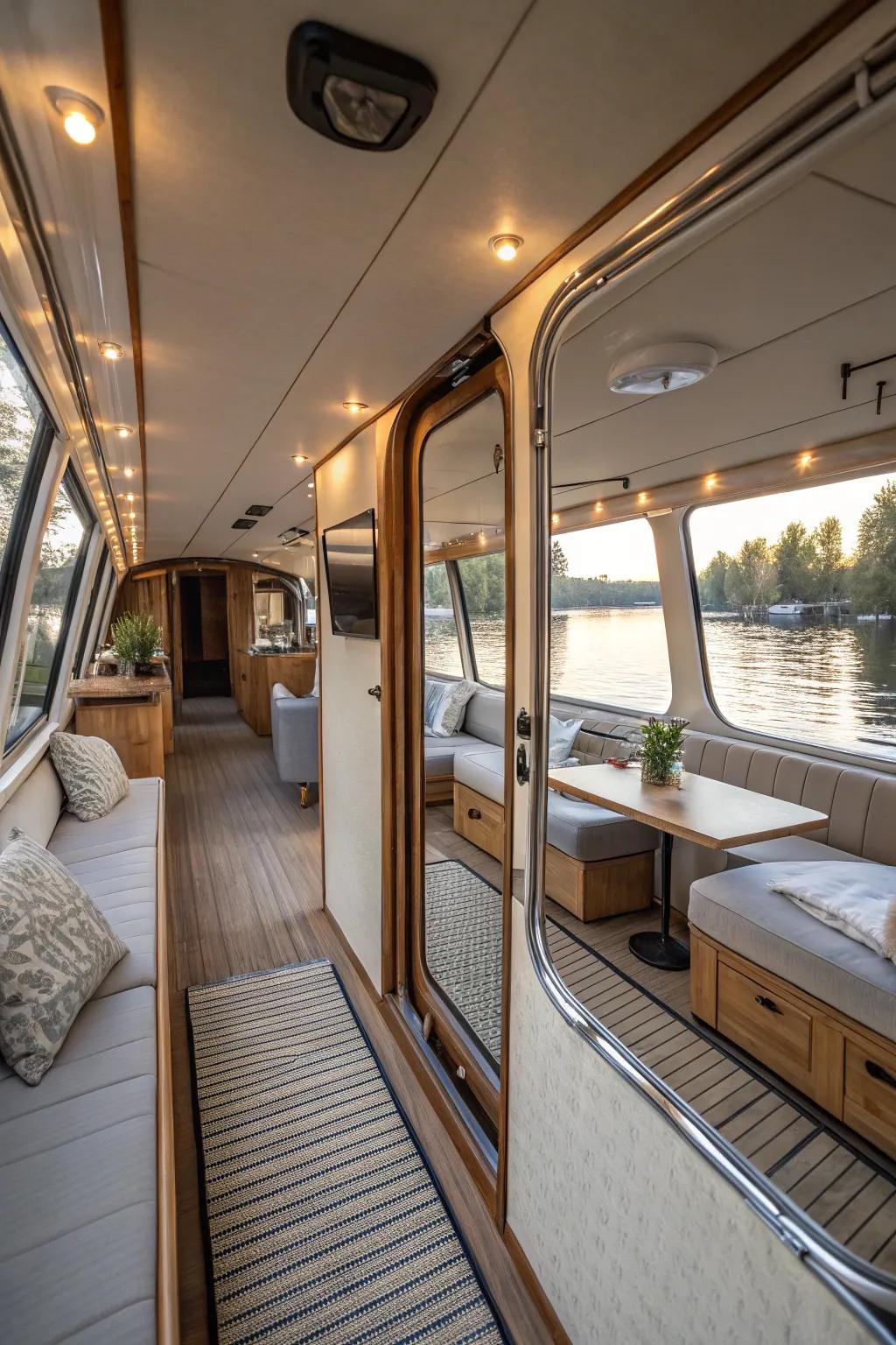 This houseboat's feeling of space and light is enhanced by the mirrors.
