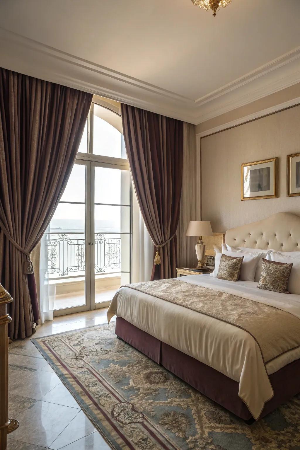 Ground-sweeping curtains offer elegance and superior light prevention.